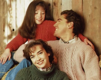 Family Classic Aran Fishermans Rib Crew Neck Sweater with Cabled Front Panel, Vintage Knitting Pattern, PDF, Digital Download - B987