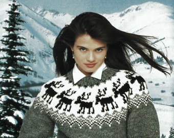 Señoras "Moose'n Boots" Suéter Nordic Fair Isle, Patrón de punto vintage, PDF, Descarga digital - B177