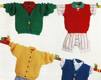 Bebés, niños pequeños y niños pescadores Rib Cardigans, chaleco y chaleco en Aran, patrón de punto vintage, PDF, Descarga digital - B309