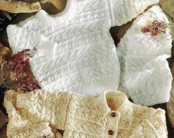 Cardigan, maglione e sciarpa Aran con texture deliziosa per neonati, bambini piccoli e ragazzi, modello vintage per maglieria, PDF, download digitale - B262