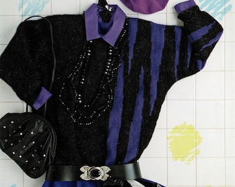 Bellissimo maglione da donna a girocollo con maniche a pipistrello e strisce tigrate, modello vintage per maglieria, PDF, download digitale - C790