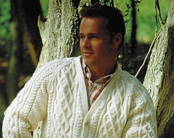 Mens Classic Aran Cardigan with Raglan Sleeves and V-Neck, Vintage Knitting Pattern, PDF, Digital Download - C280