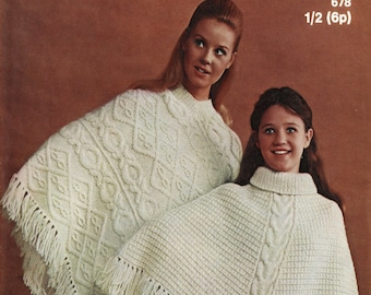 Poncho Aran da donna con motivo a rombi e poncho a trecce da bambina, modello di maglia vintage, PDF, download digitale - B421