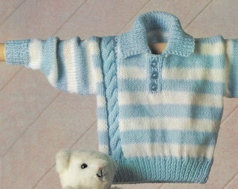 Babies and Toddlers Striped Sweater with Side Cable, Front Buttons and Collar, Vintage Knitting Pattern, PDF, Digital Download - A216