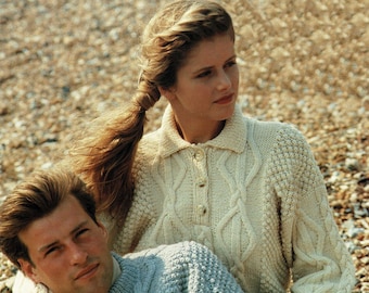 Ladies and Mens Aran Shirt Neck and Crew Neck Sweaters, Vintage Knitting Pattern, PDF, Digital Download - B478