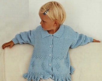 Babies, Toddlers and Girls Pretty Textured Cardigan with Round Neck or Collar, Vintage Knitting Pattern, PDF, Digital Download - C107