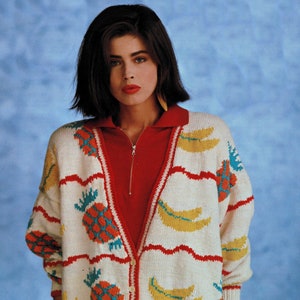 Ladies Lovely Tropical Fruit V-Neck Cotton Cardigan, Vintage Knitting Pattern, PDF, Digital Download - C814
