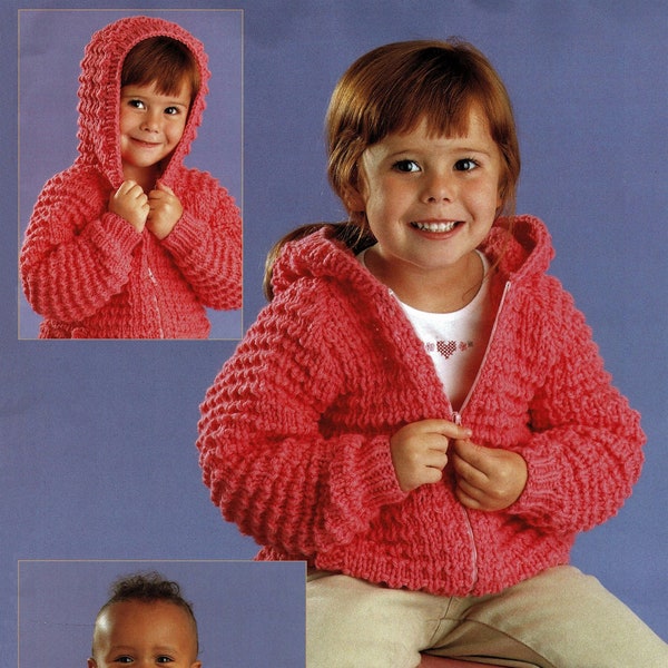 Babies, Toddlers and Childrens Chunky Knit Jacket with Hood or Round Neck, Vintage Knitting Pattern, PDF, Digital Download - B203