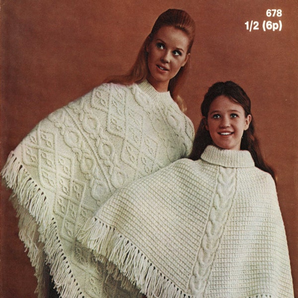 Ladies Diamond Pattern Aran Poncho and Girls Cable Poncho, Vintage Knitting Pattern, PDF, Digital Download - B421