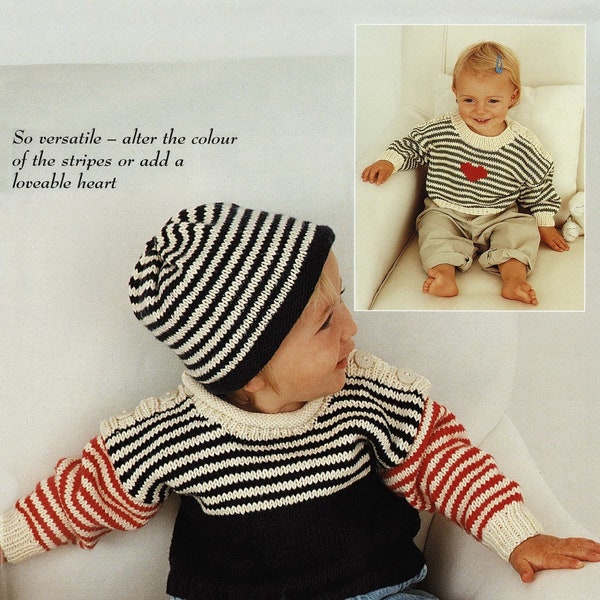 Babies, Toddlers and Childrens  Striped Tunic, Sweaters and Hats, Vintage Knitting Pattern, PDF, Digital Download - C103