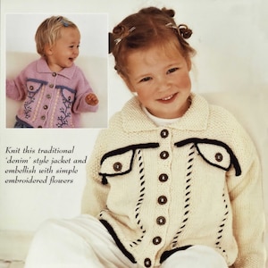 Babies, Toddlers and Childrens &quot;Denim Style&quot; Jacket with Optional Embroidery, Vintage Knitting Pattern, PDF, Digital Download - C108