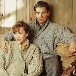 Ladies and Mens Double Breasted Aran Jacket with Roll Collar, Vintage Knitting Pattern, PDF, Digital Download - B989