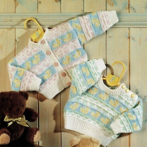 Babies and Toddlers Cute Fair Isle Cardigan and Sweater with Rows of Ducks, Vintage Knitting Pattern, PDF, Digital Download - B367