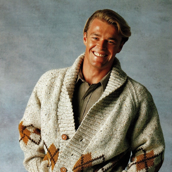 Mens Stylish Jacket with Shawl Collar and Argyle Style Band, Vintage Knitting Pattern,  PDF, Digital Download - B133