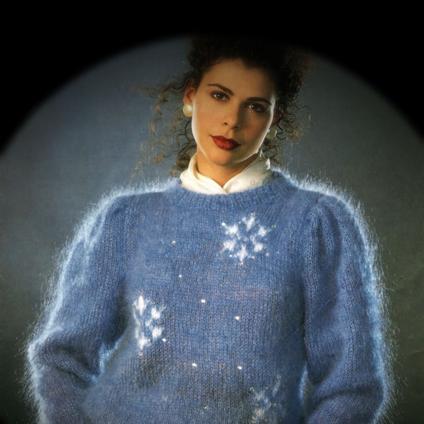 Ladies Pretty Mohair Sweater with Snowflake Motifs and Gathered Sleeves, Vintage Knitting Pattern, PDF, Digital Download - B388
