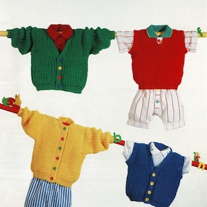 Babies, Toddlers and Childrens Fishermans Rib Cardigans, Waistcoat and Vest in Aran, Vintage Knitting Pattern, PDF, Digital Download - B309