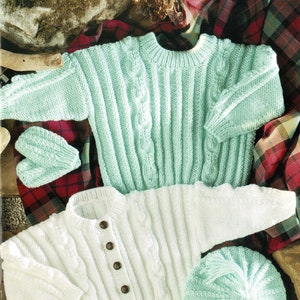 Babies, Toddlers and Childrens Aran Cardigan, Sweater, Cap and Mittens, Vintage Knitting Pattern, PDF, Digital Download - B263