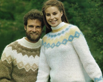 Ladies and Mens Lovely Mohair Sweater with Fair Isle Yoke, Vintage Knitting Pattern, PDF, Digital Download - B221