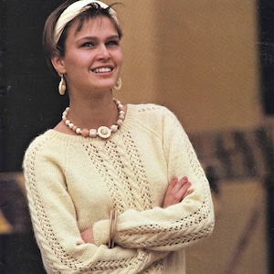 Ladies Pretty Lace Panel Sweater with Raglan Sleeves, Vintage Knitting Pattern, PDF, Digital Download - D729