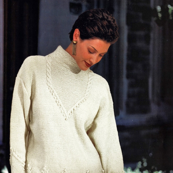 Damen Lovely Easy Fit Aran Tunika mit dekorativen unteren Rändern, Ärmeln und Ausschnitt, Vintage Strickmuster, PDF, Digitaler Download - C634