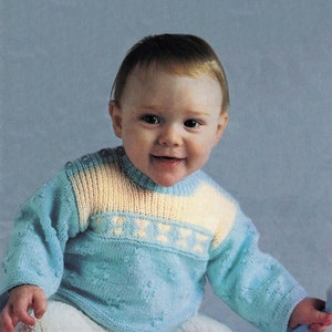 Babies Cute Patterned Sweater with Fair Isle Band and Ribbed Yoke, Vintage Knitting Pattern, PDF, Digital Download - C513