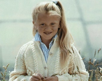 Childrens and Teens Aran Garter Stitch Jacket with Cable Panels, Vintage Knitting Pattern, PDF, Digital Download - B956