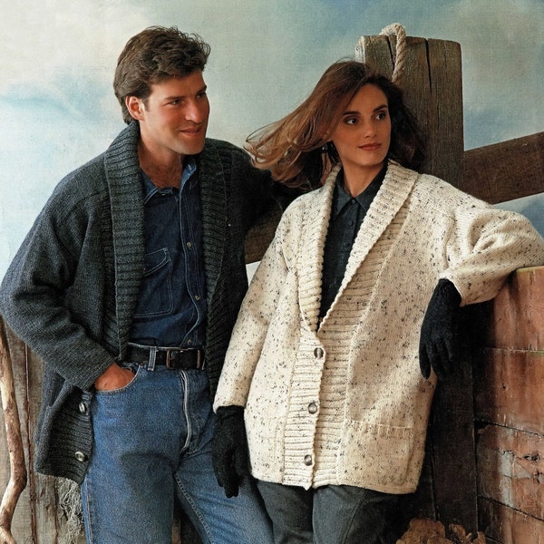 Ladies and Mens Casual Aran Jackets with Saddle Shoulders and Shawl Collar, Vintage Knitting Pattern, PDF, Digital Download - C324