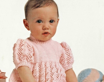 Baby-Mädchen hübsches Spitzenkleid mit kurzen Ärmeln, Vintage-Strickmuster, PDF, digitaler Download - C163