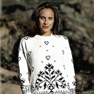 Damen-Pullover mit Alphabet, Herzen und Blumen, Fair-Isle-Muster, Vintage-Strickmuster, PDF, digitaler Download – C300