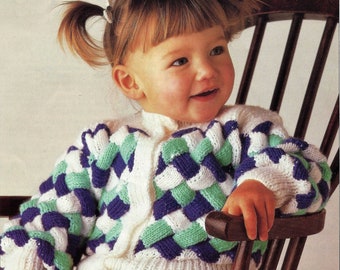 Cardigan Entrelac a tre colori per bambini e bambine, modello a maglia vintage, PDF, download digitale - A287