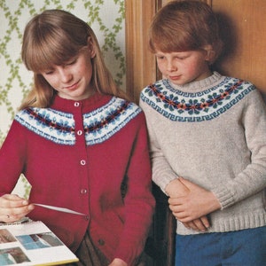 Cardigan e maglione con giogo circolare tradizionale Shetland Fair Isle per bambini, modello di maglia vintage, PDF, download digitale - C995