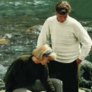 Ladies and Mens Guernsey Style Crew Neck Sweater with Textured Bands, Vintage Knitting Pattern, PDF, Digital Download - B517