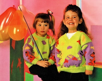 Toddlers and Girls Super Cute Dinosaur Sweater with Round or V Neck, Vintage Knitting Pattern, PDF, Digital Download - B364