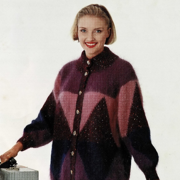 Ladies Long Line Geometric Mohair Jacket with Raglan Sleeves, Vintage Knitting Pattern, PDF, Digital Download - C253