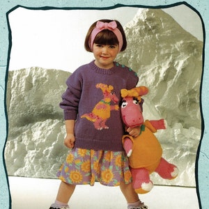 Toddlers and Childrens Cute Dinosaur Sweater with Matching Stuffed Toy, Vintage Knitting Pattern, PDF, Digital Download - B379