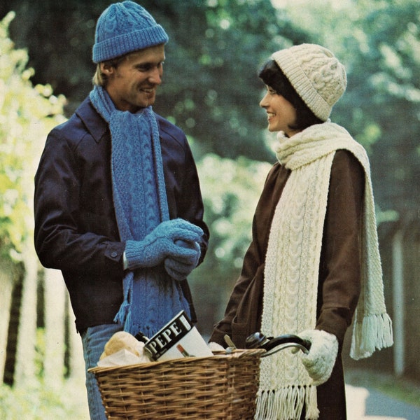 Ladies and Mens Fabulous Aran Hat, Scarf and Gloves, Vintage Knitting Pattern, PDF, Digital Download - C943