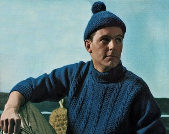 Mens Smart Polo Neck Double Moss Stitch Sweater with Cables and Cap, Vintage Knitting Pattern, PDF, Digital Download - C950