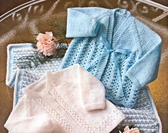 Two Pretty Babies Matinee Jackets and Two Tone Pram Cover, Vintage Knitting Pattern, PDF, Digital Download - C829