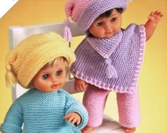 Dockornas "Easy Knit"-outfit inklusive poncho, byxor, mössor, tröja och halsduk, vintage stickmönster, PDF, digital nedladdning - A409