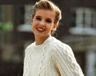 Damen klassischer Aran Pullover mit Rundhalsausschnitt und Raglanärmeln, Vintage Strickmuster, PDF, Digital Download - A385