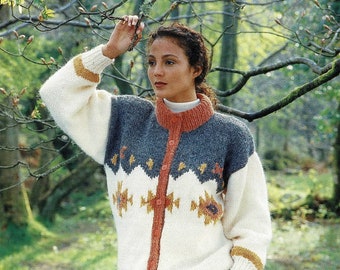 Ladies Chunky Knit Jacket with Ethnic Motif, Vintage Knitting Pattern, PDF, Digital Download - B417