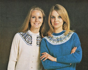 Traditionell Shetland-tröja och jacka för damer med Fair Isle-runt ok, vintage stickmönster, PDF, digital nedladdning - C993