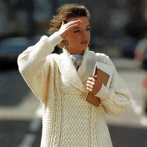 Ladies Beautiful Aran Sweater with Shawl Collar, Vintage Knitting Pattern, PDF, Digital Download - B125