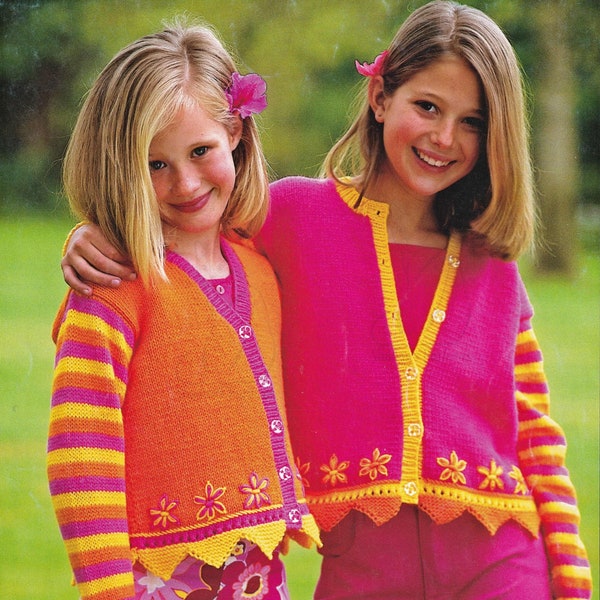 Girls and Toddlers Round and V Neck Cardigans with Embroidered Flowers, Vintage Knitting Pattern, PDF, Digital Download - D702