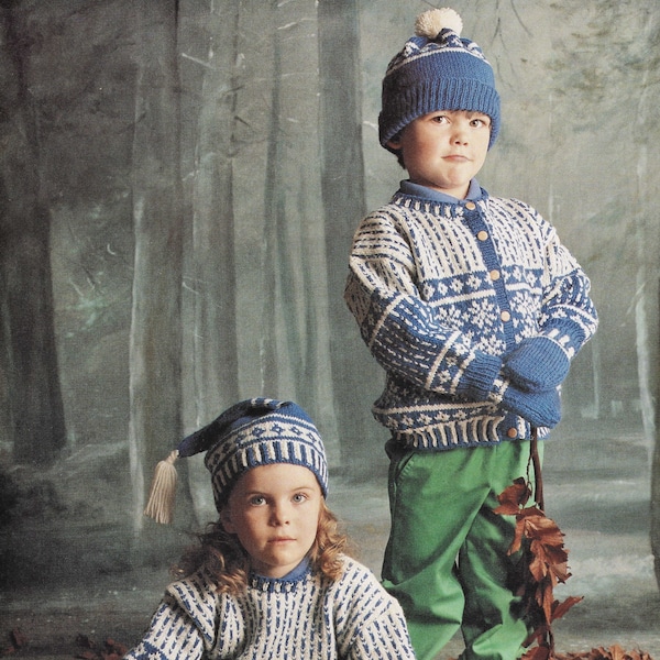 Toddlers and Childrens Scandinavian Snowflake Sweater, Cardigan, Hats and Mittens, Vintage Knitting Pattern, PDF, Digital Download - A892