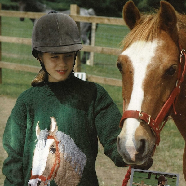 Fabelhafter Pullover für Mädchen und Teenager mit Pferdebild auf der Vorderseite und Bändern mit Zopfmuster, Vintage-Strickmuster, PDF, digitaler Download - B937