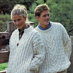 Ladies and Mens Lovely Zip Front Aran Jacket and Saddle Shoulder Sweater, Vintage Knitting Pattern, PDF, Digital Download - A367