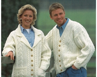 Mens Classic Aran V-Neck Cardigan and Ladies Aran Jacket with Collar, Vintage Knitting Pattern, PDF, Digital Download - A425