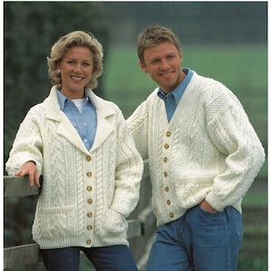 Mens Classic Aran V-Neck Cardigan and Ladies Aran Jacket with Collar, Vintage Knitting Pattern, PDF, Digital Download - A425