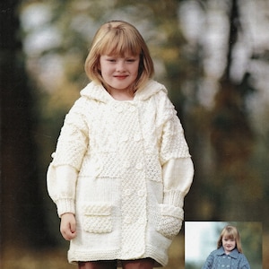Girls Gorgeous Chunky Knit Patterned Jacket with Choice of Hood or Collar, Vintage Knitting Pattern, PDF, Digital Download - C483